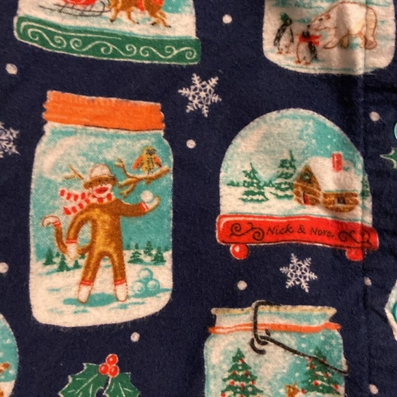 Nick & Nora Sock Monkey Snow globe Christmas pajama set flannel EUC - Picture 4 of 12